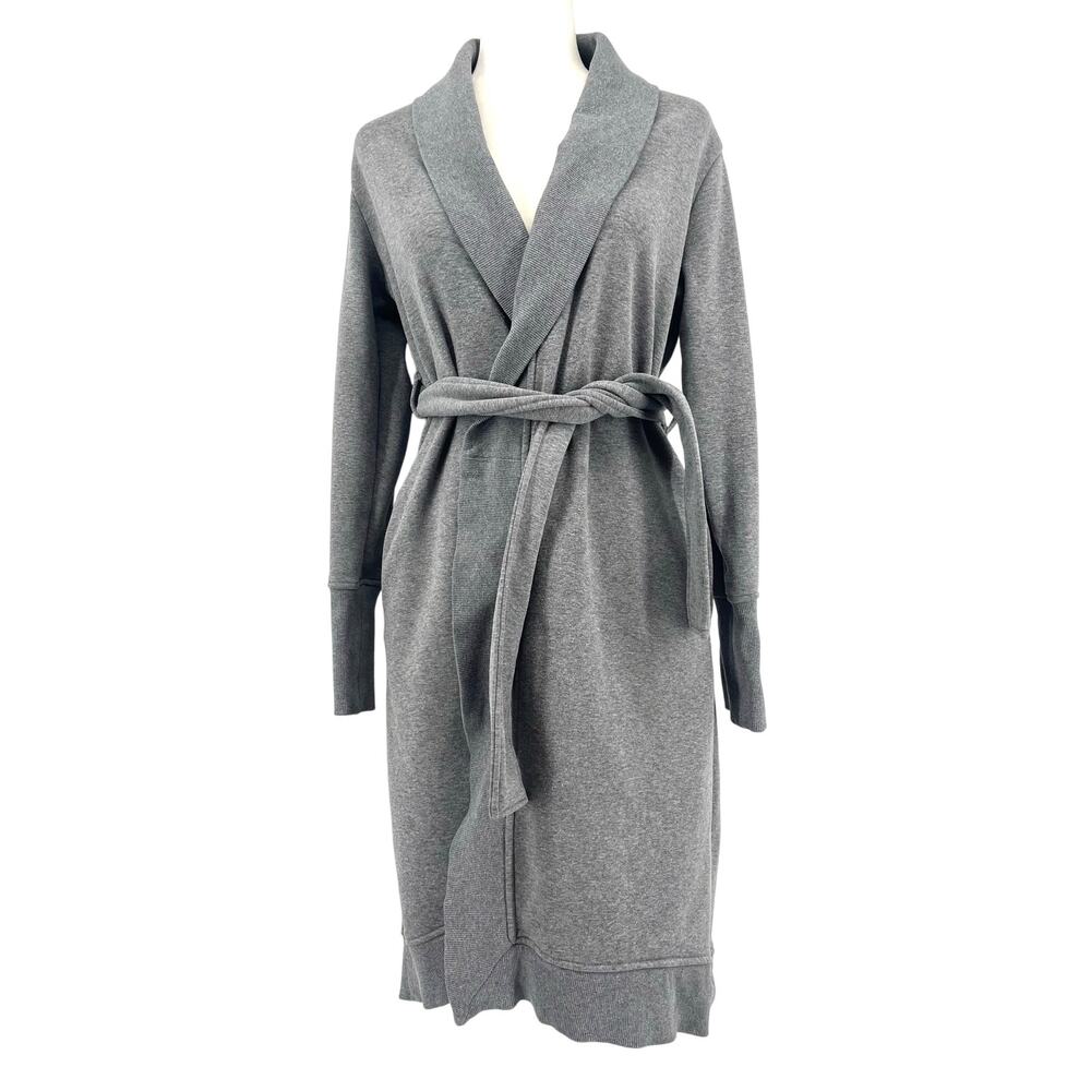 UGG Gray Cotton Fleece Robe Tie Waist Ribbed Trim Scalloped Hem Cozy (XS)